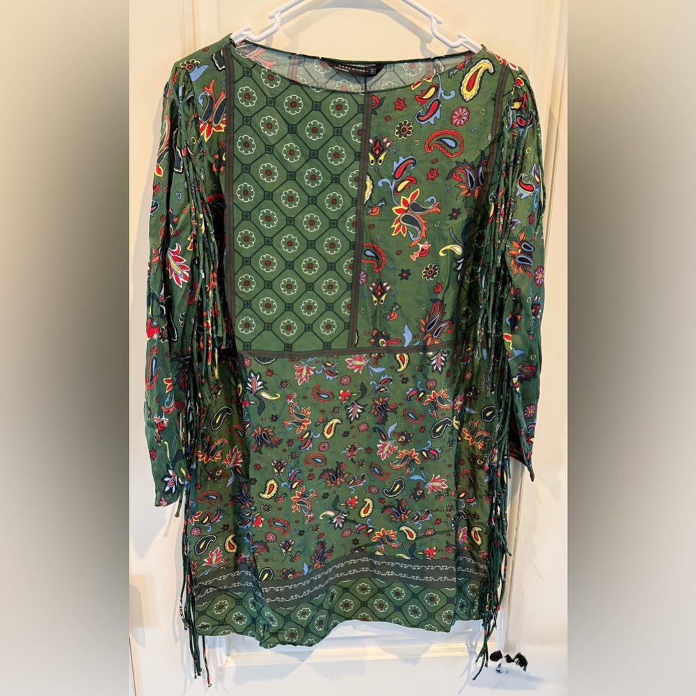 Zara NWT Green Paisley Print Bohemian Mini Dress - Picture 5 of 7